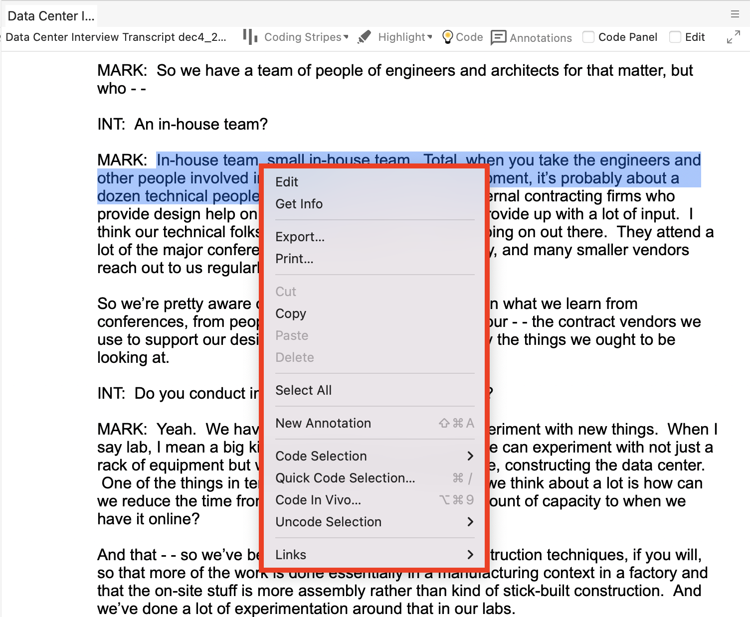Some interview text selected, with an open context menu highlighted.
