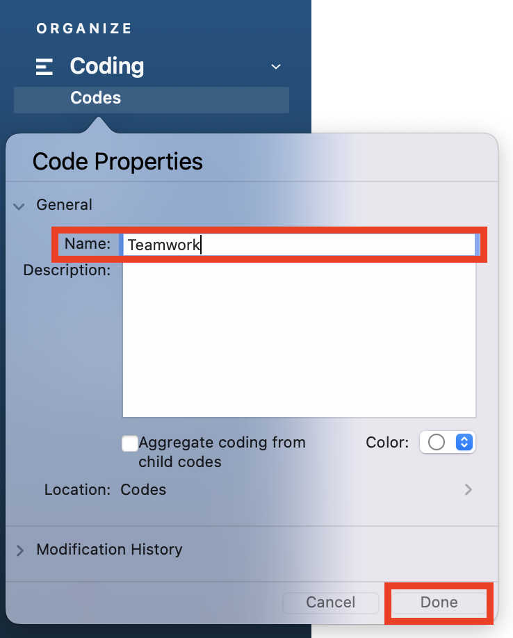 Code properties with the Name field completed with Teamwork and Done highlighted. 