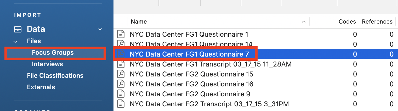 Left menu with a red box around Focus Groups, Questionnaire 7 highlighted.