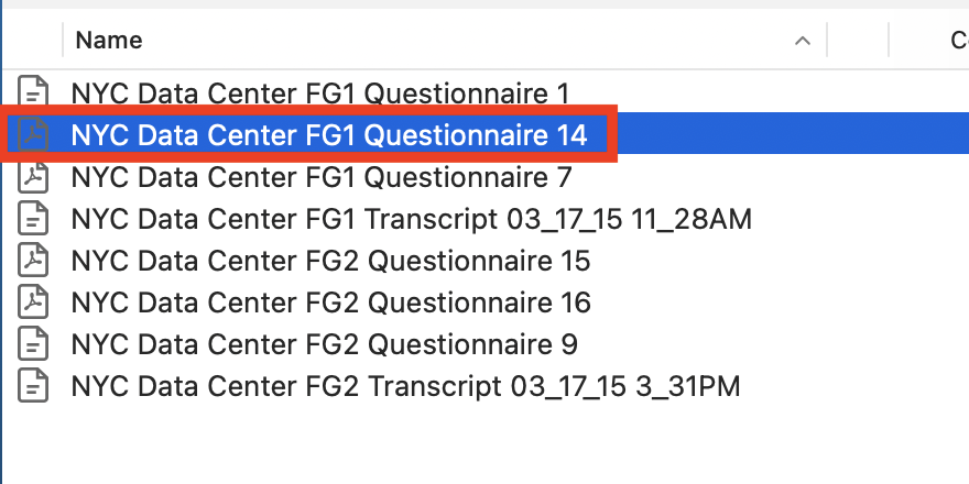 Focus Group file list, Questionnaire 14 highlighted.