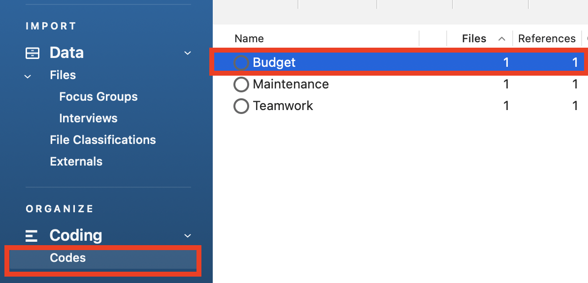 In the Codes list a red box around the Budget Code