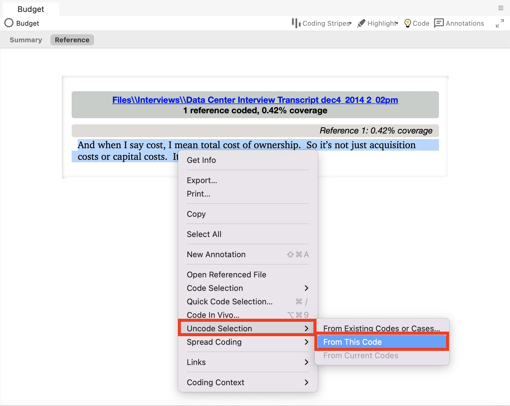 Context menu for the coded text with Uncode Selection selected and From This Code highlighted.