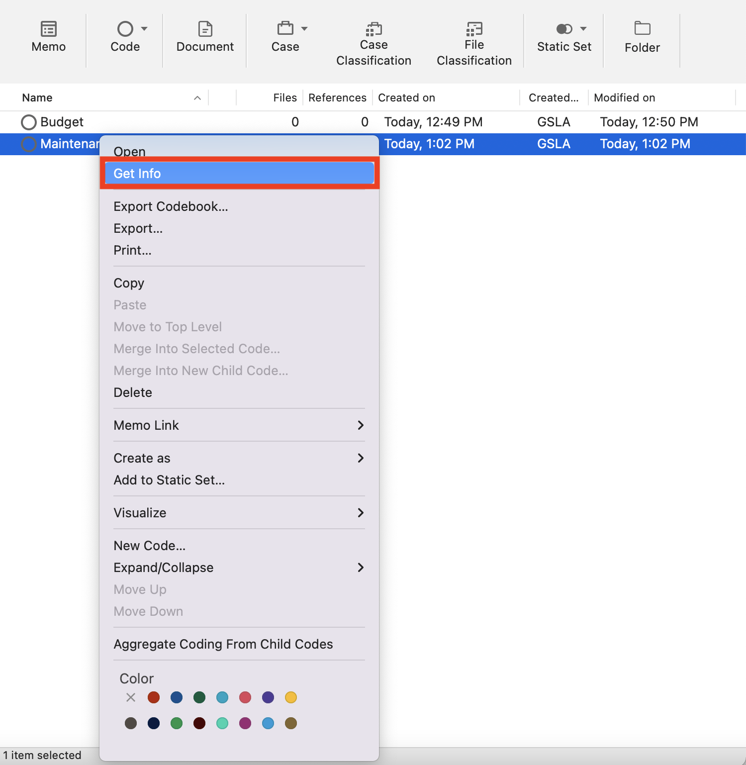 A menu for one of the codes is open and Get Info is selected.