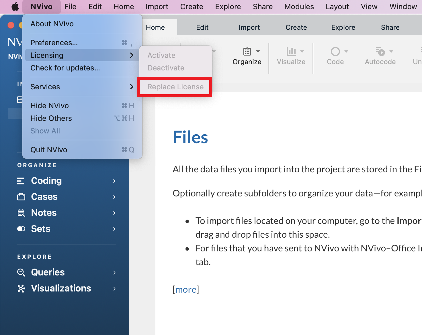 Under the NVivo tab, Licensing and Replace license are selected 