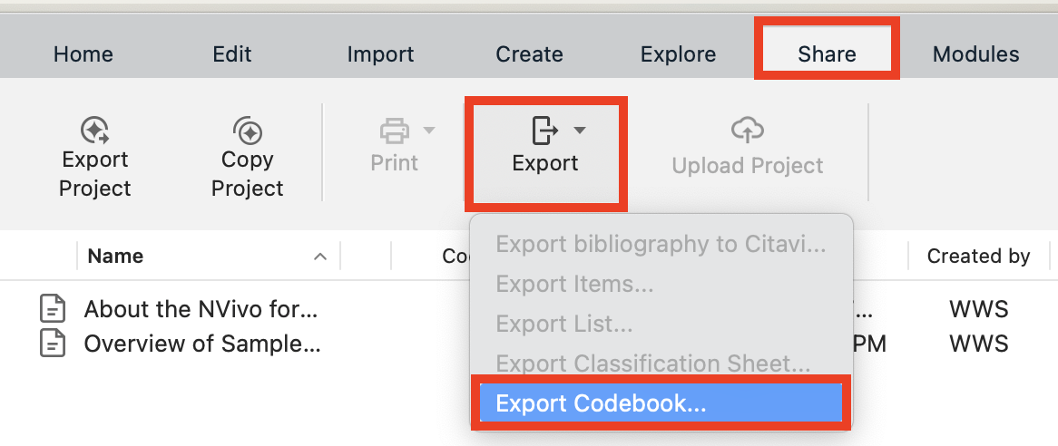 Under the Share tab, the Export drop-down menu is highlighted, along with Export Codebook...