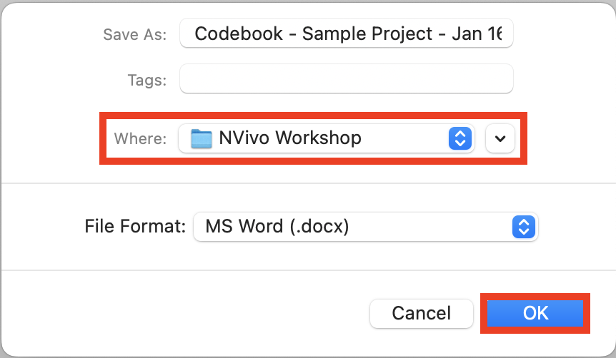 In the Codebook window, Where is highlighted and set to NVivo Workshop. OK is highlighted.