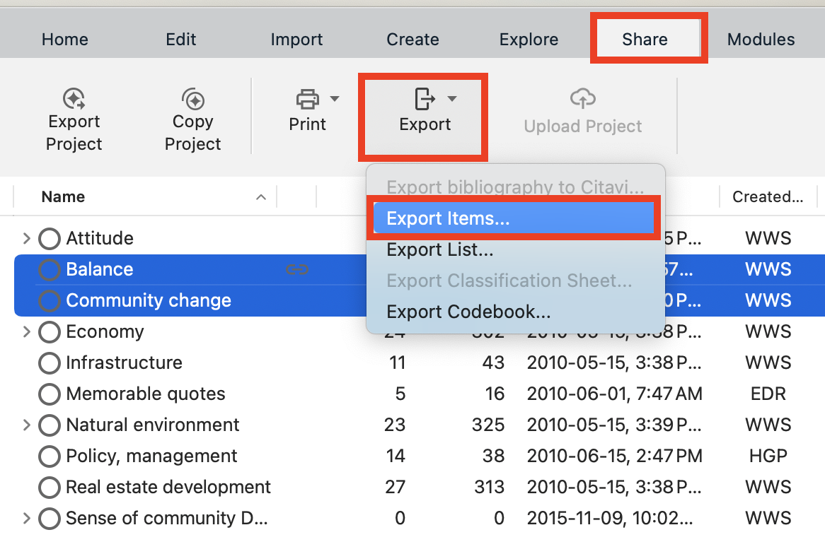 Under the Share tab, Export is highlighted. In the Export drop-down menu, Export Items... is highlighted. 