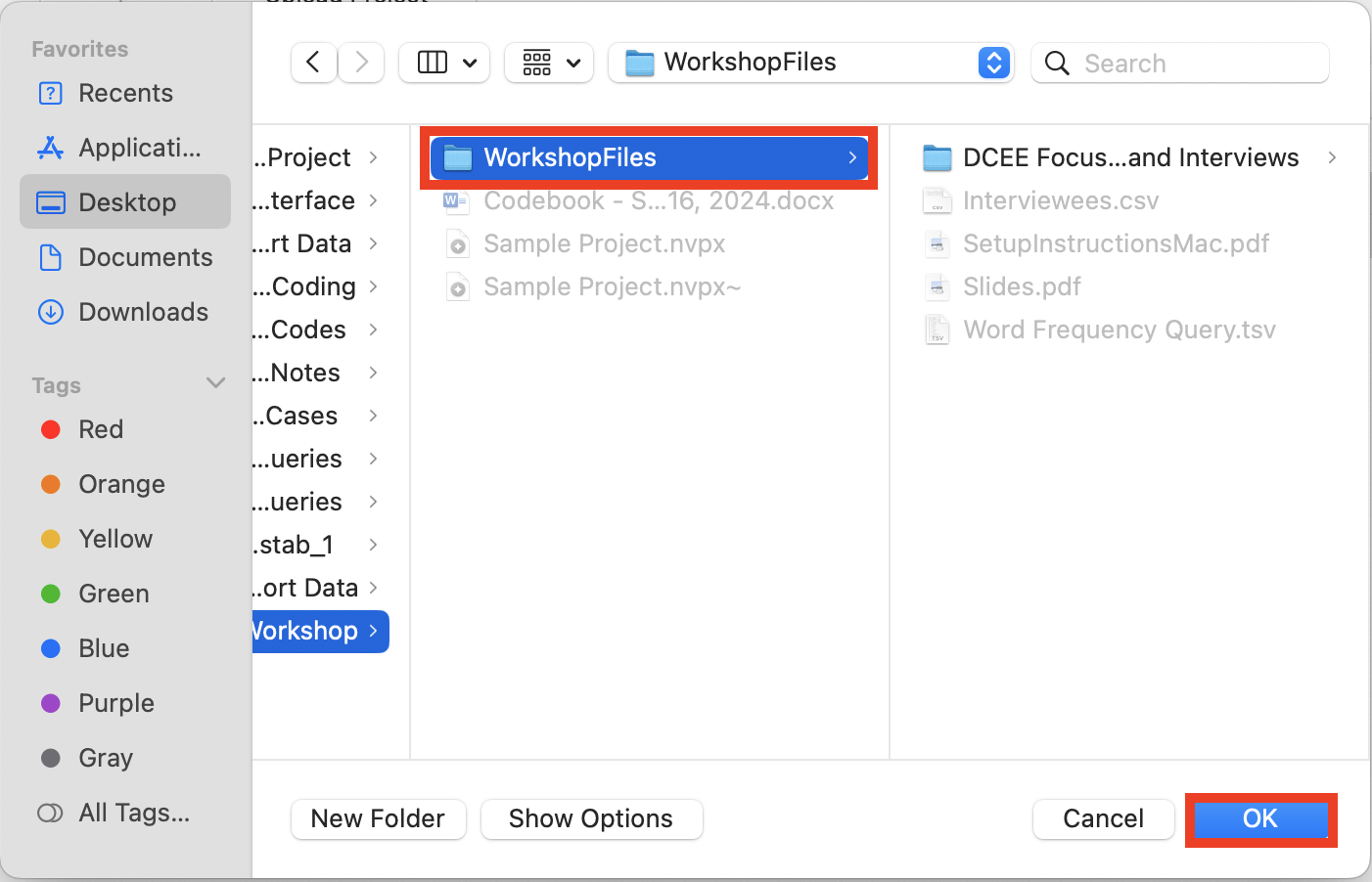 In the file menu, Workshop Files highlighted and selected. OK is highlighted.