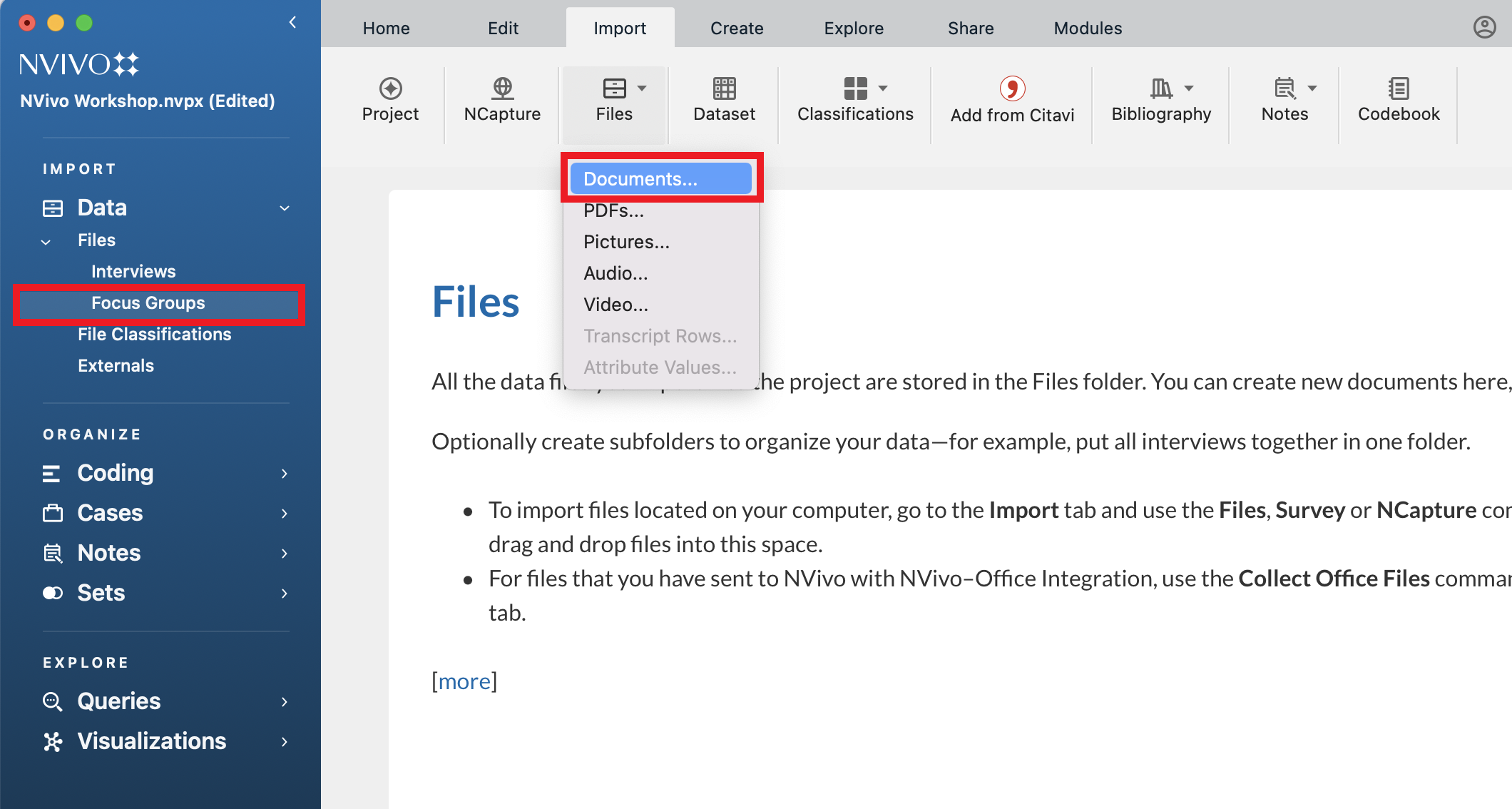 Under Data, Focus Groups are selected. Under the Import tab, Files and then Documents is selected. 
