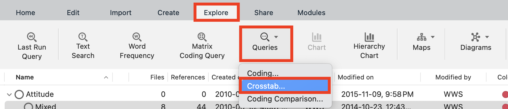 Explore menu with Queries and Crosstab highlighted.