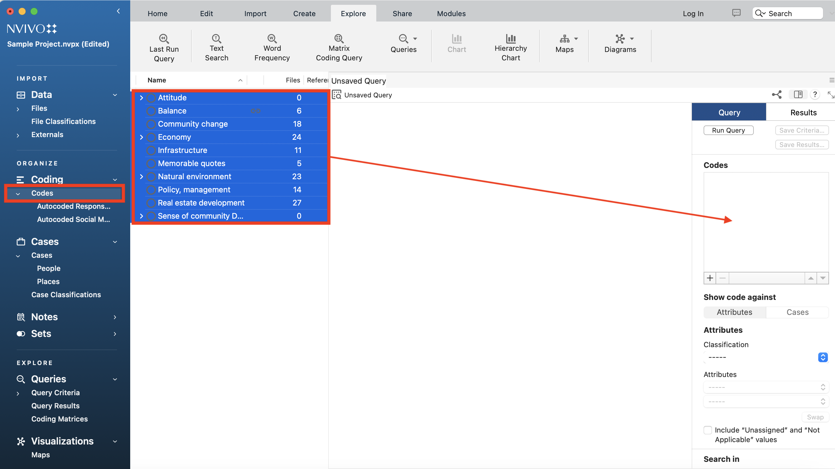 In the left menu, under Codes, a red box around the Nodes folder. Under Codes, all codes are selected and outlined in red, with an arrow pointing to the codes field of the Crosstab Query window.