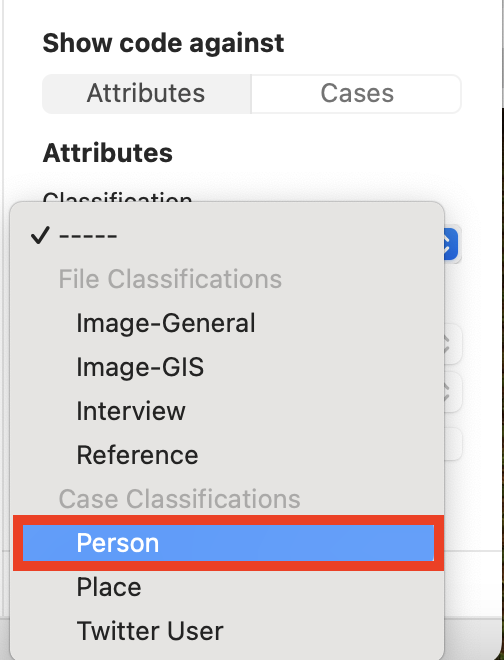 In the Crosstab Query window, drop-down menu under Classification is open with Person highlighted.