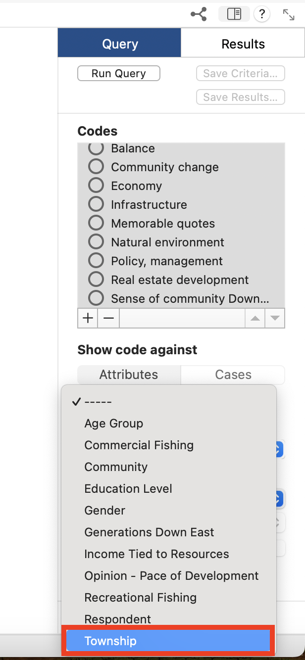 In the Crosstab Query window, drop-down menu under Attributes is open with Township highlighted.