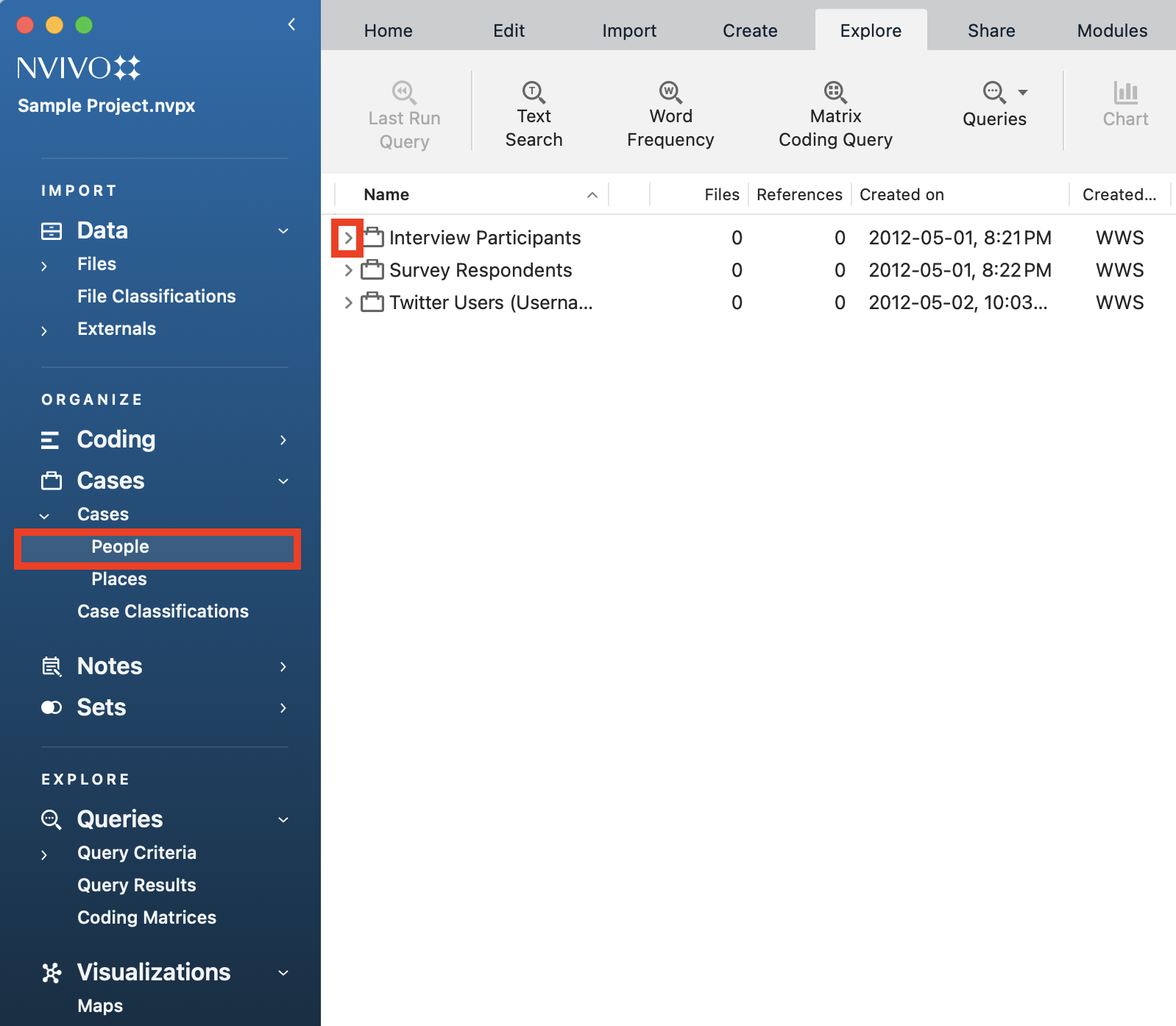 In the left menu, under Cases, a red box around the People folder. In the People folder, a red box around the expand button for Interview Participants.