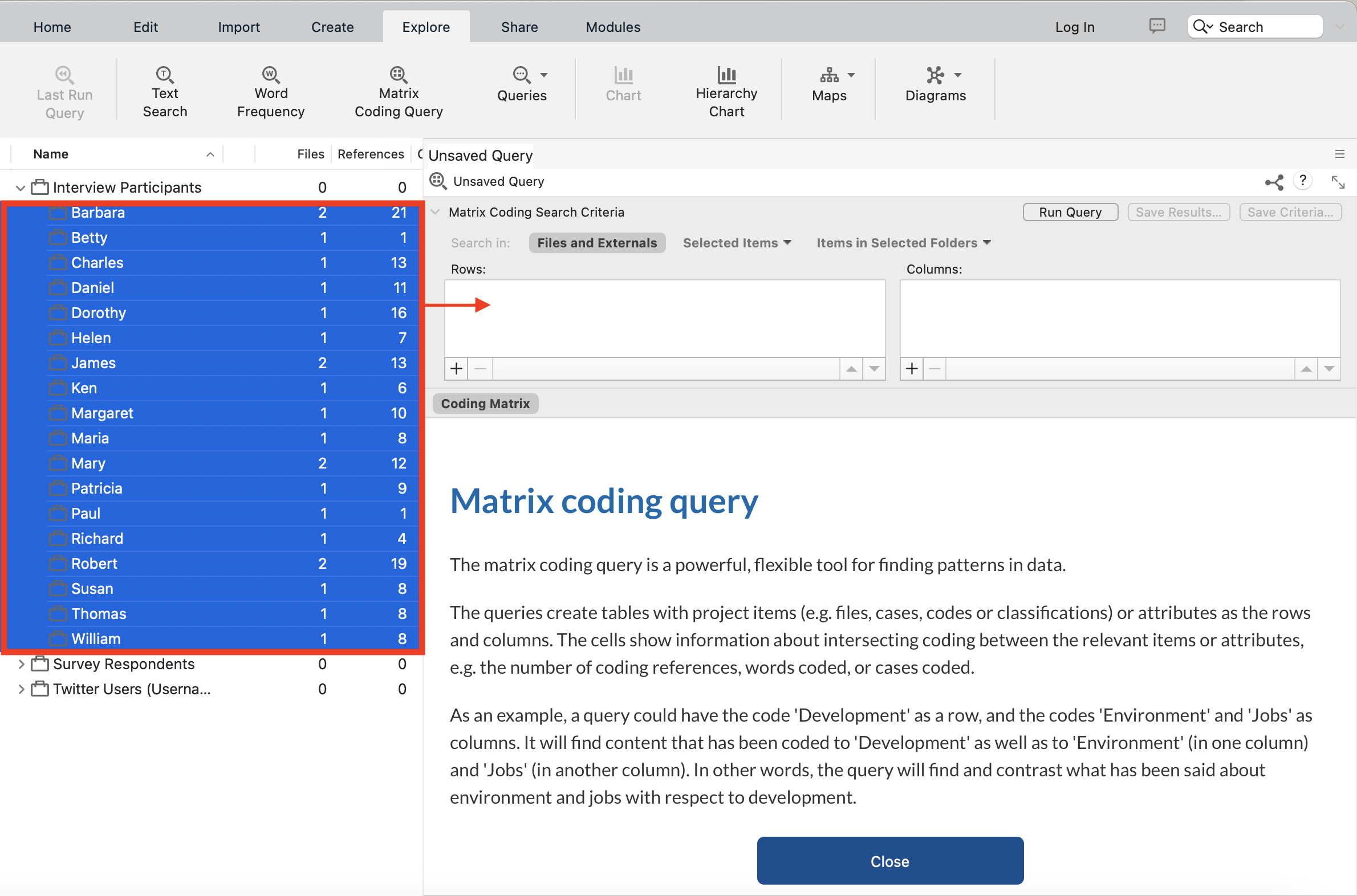 Under Interview Participants, all cases are selected and outlined in red, with an arrow pointing to the Rows field of the Matrix Coding Query window.