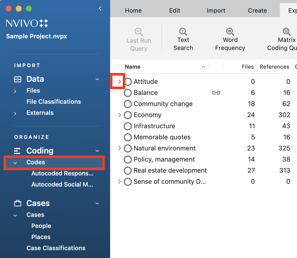 In the left menu, under Codes, a red box around the Codes folder. In the Codes folder, a red box around the expand button for Attitude.