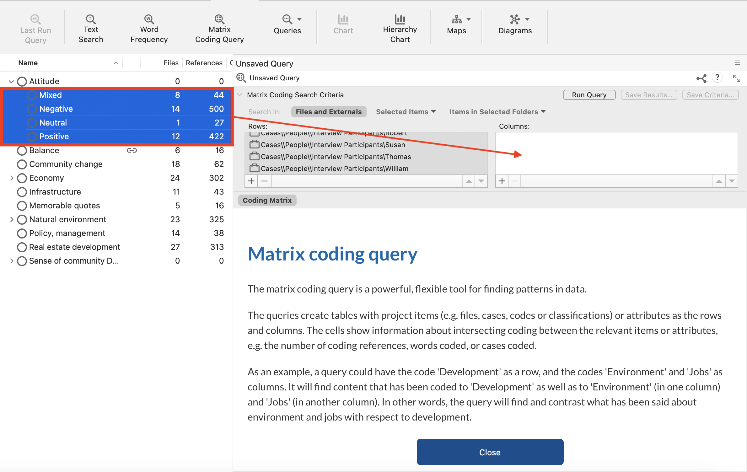 Under Attitude, all child codes are selected and outlined in red, with an arrow pointing to the Columns field of the Matrix Coding Query window.