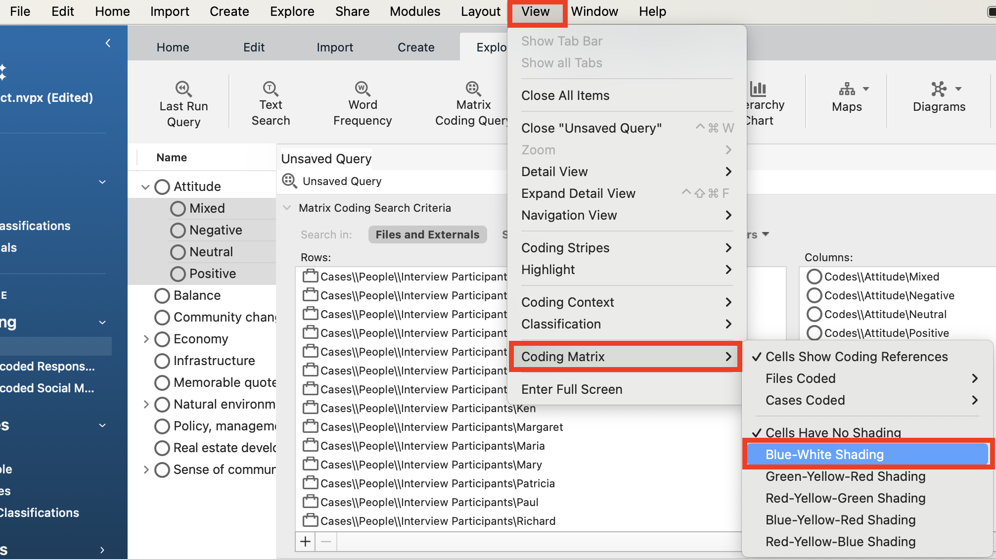 View menu highlighted. Coding Matrix Highlighted with drop-down menu open and Blue-White Shading highlighted.