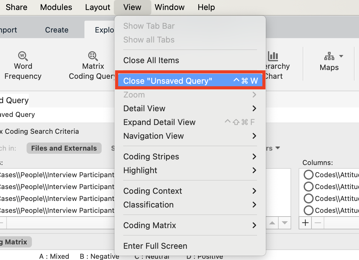 Under the View drop-down menu, Close "Unsaved Query" is highlighted. 