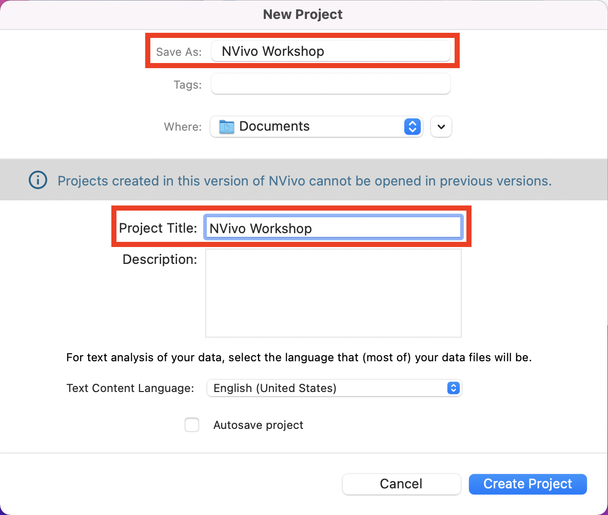 NVivo New Project pop up. The project is titled as: NVivo workshop 