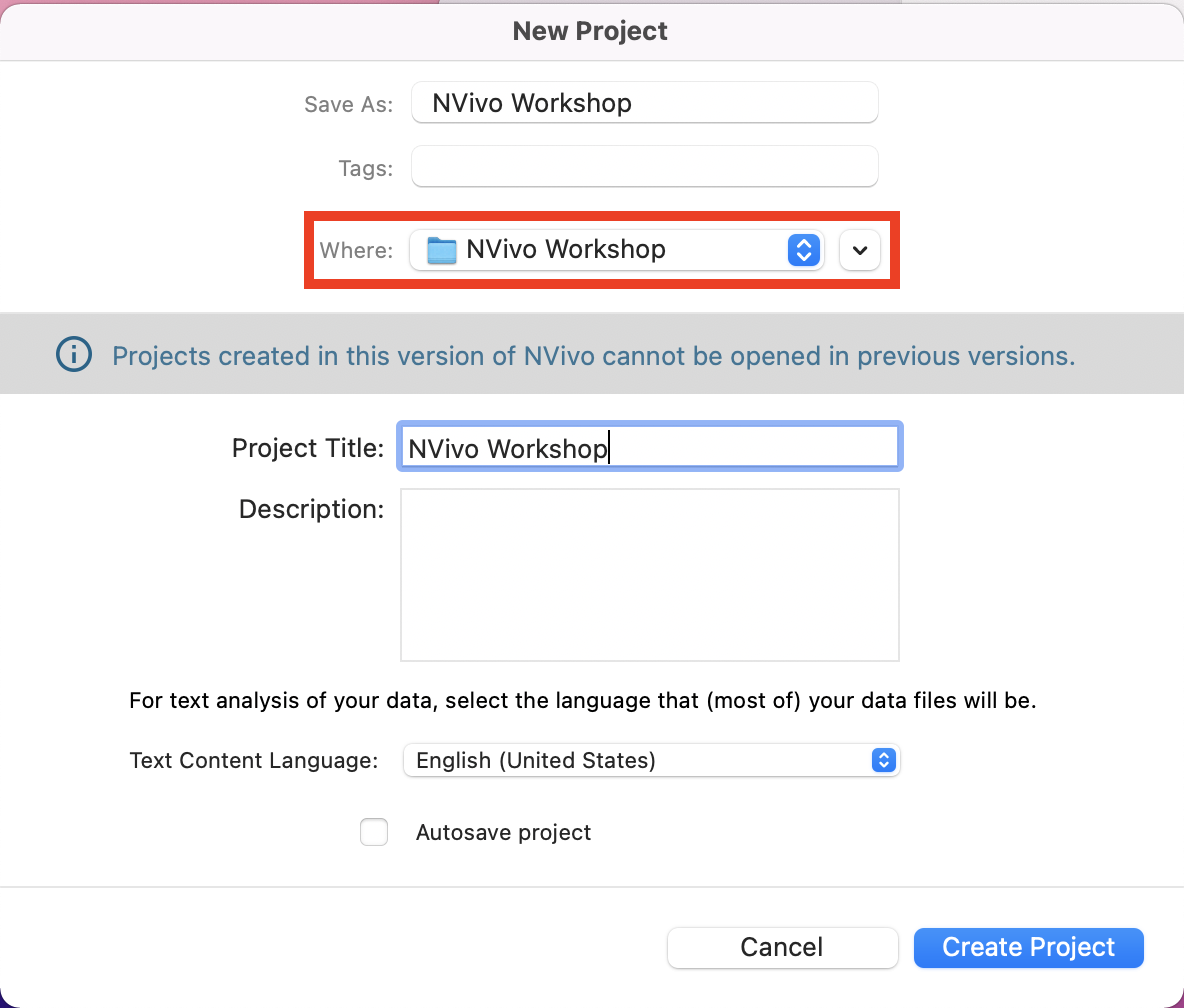 NVIVO pop-up selecting NVivo Workshop as the location for the file. 