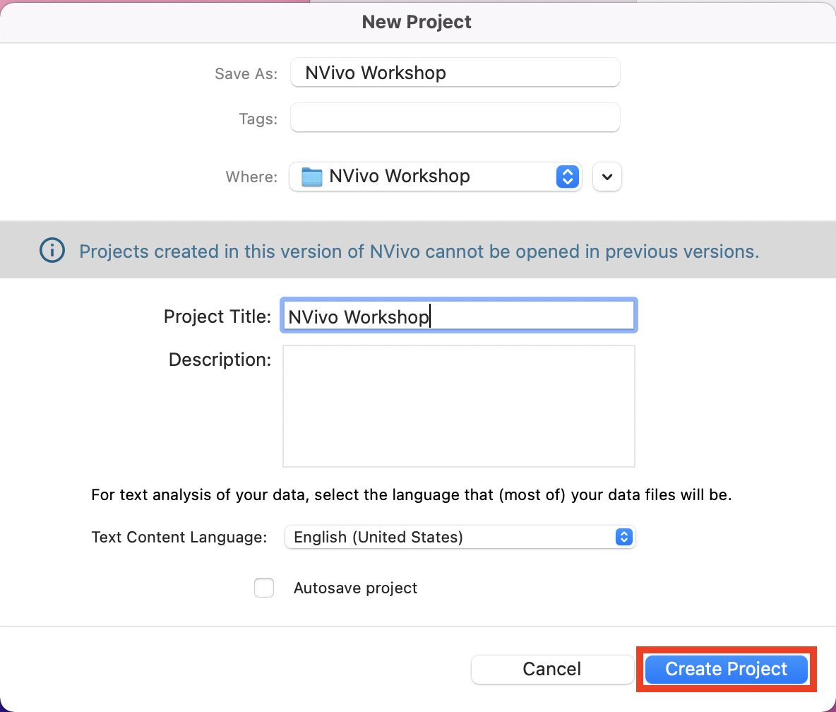 NVivo Pop up with Create Project selected