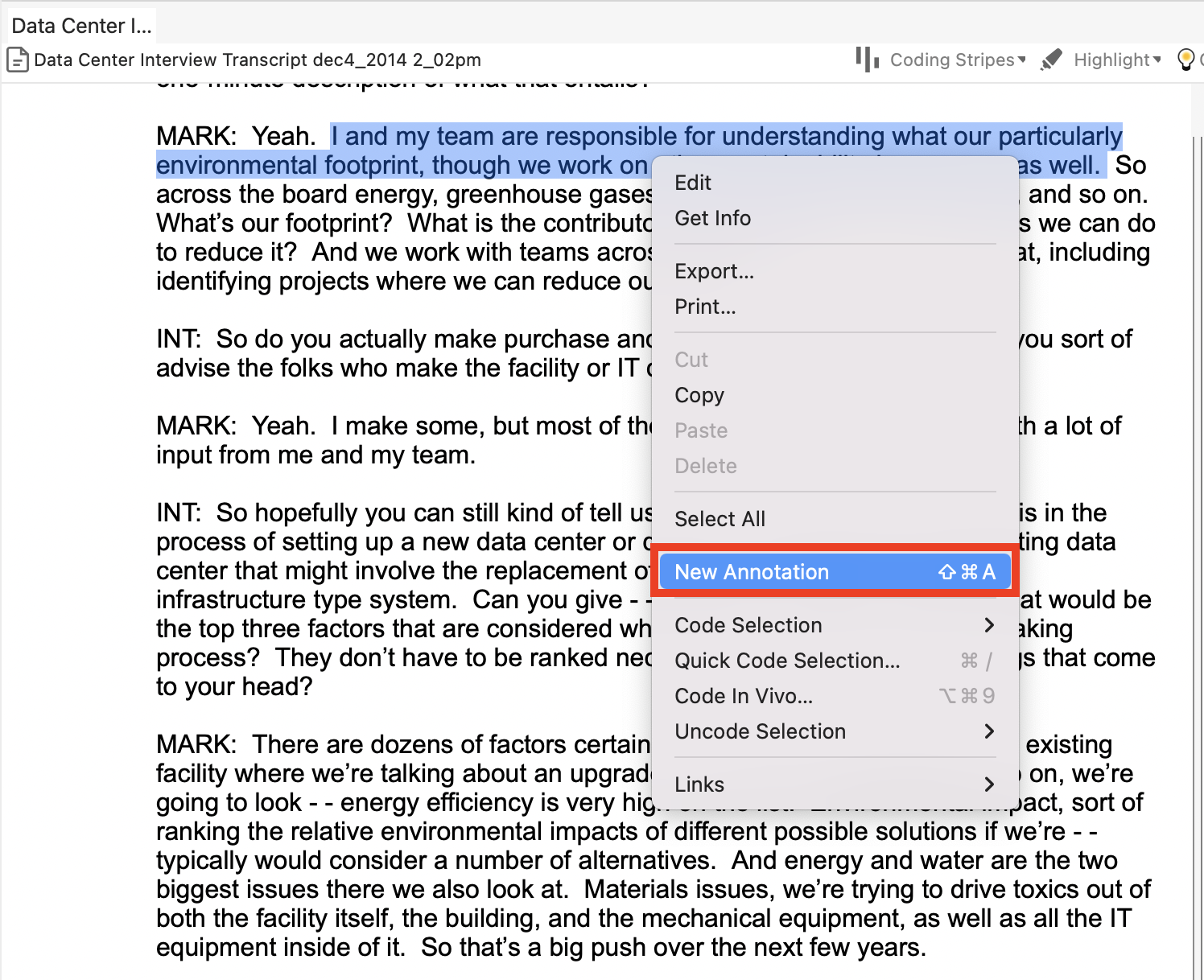 Some interview text selected, with an open context menu and a red box around New Annotation.