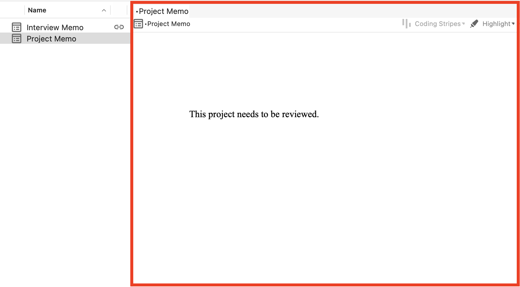 Red box around the Project Memo tab.