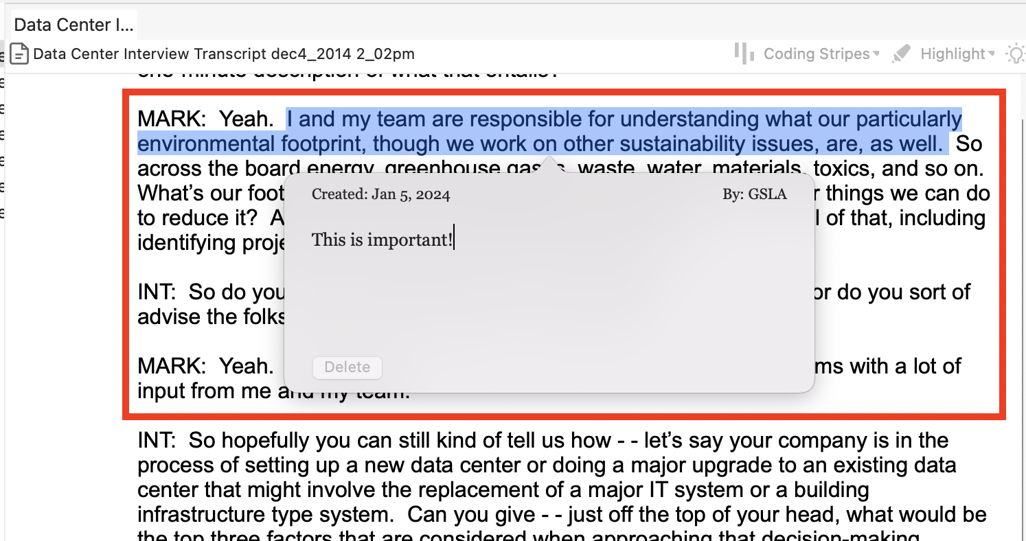 Interview text with a annotated text highlighted and below a window with the annotation outlined in red.