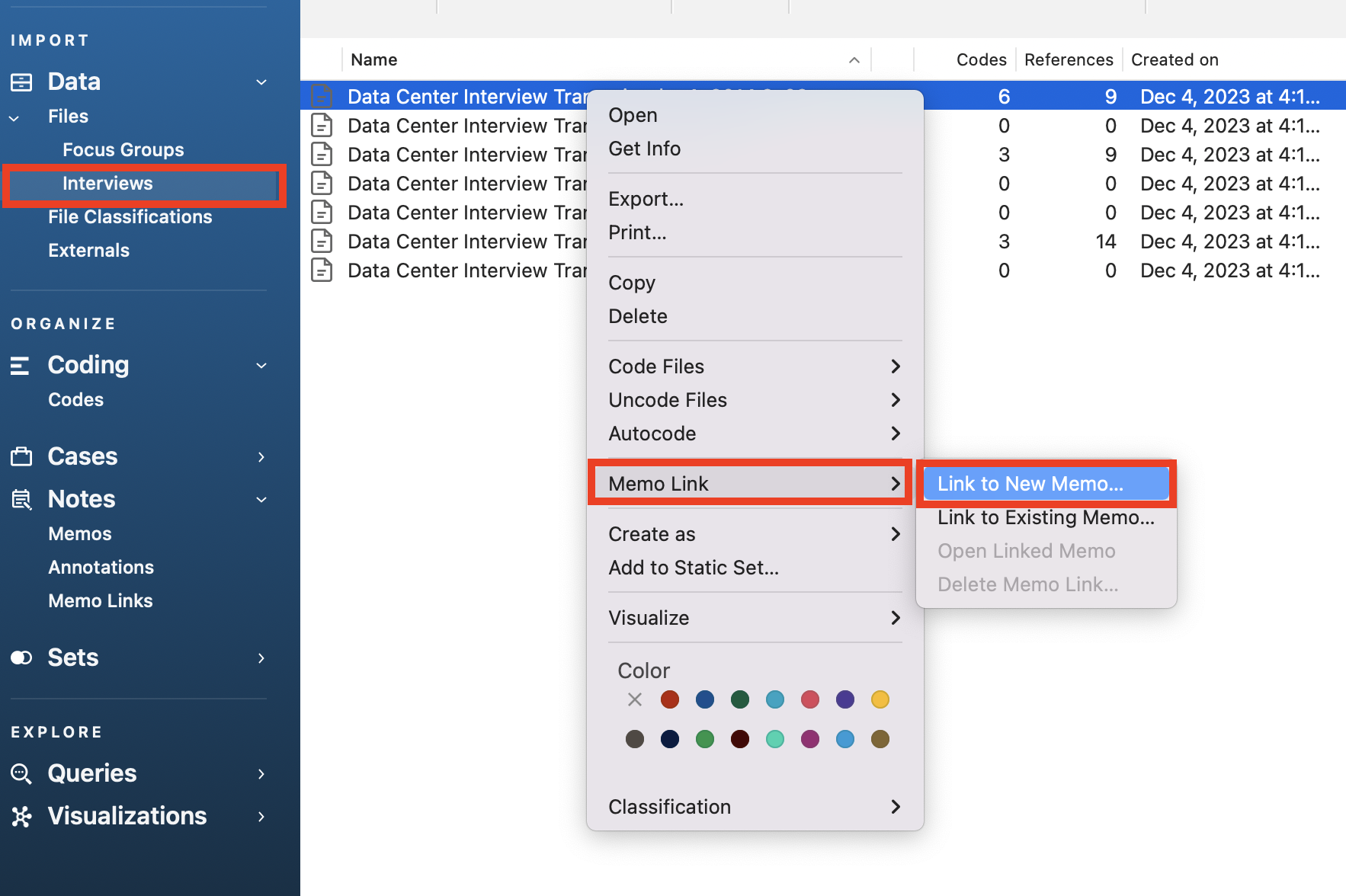 Context menu for an interview with the Memo link side pop-up menu open and Link to New Memo... outlined in red.