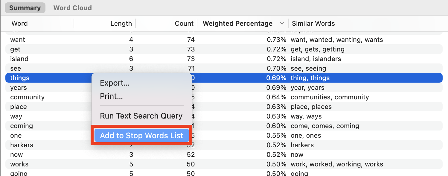 In the results summary, context menu for the word Things open, with the Add To Stop Words List option highlighted.