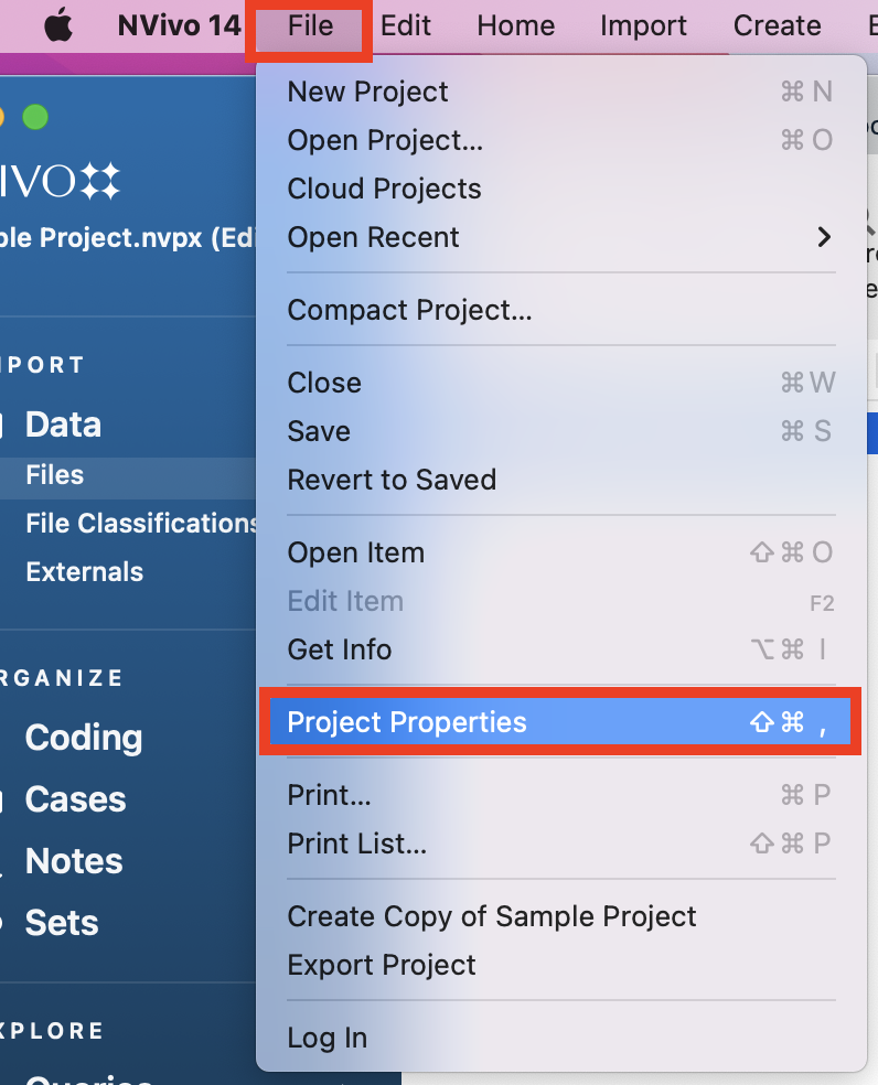 File menu with Project Properties highlighted. 