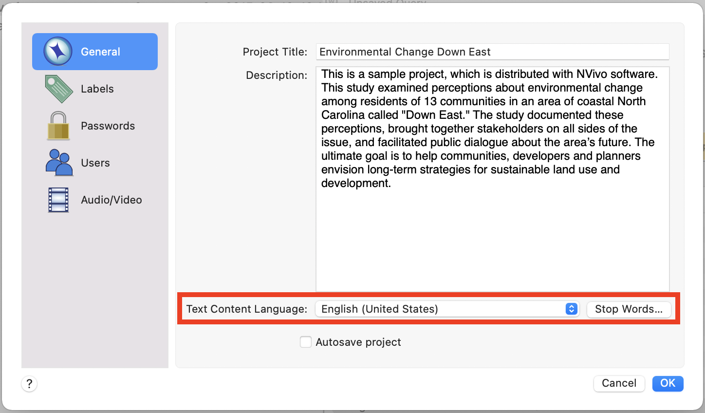 Project Properties window with the General tab open. Red box around the Text content language and Stop Words...