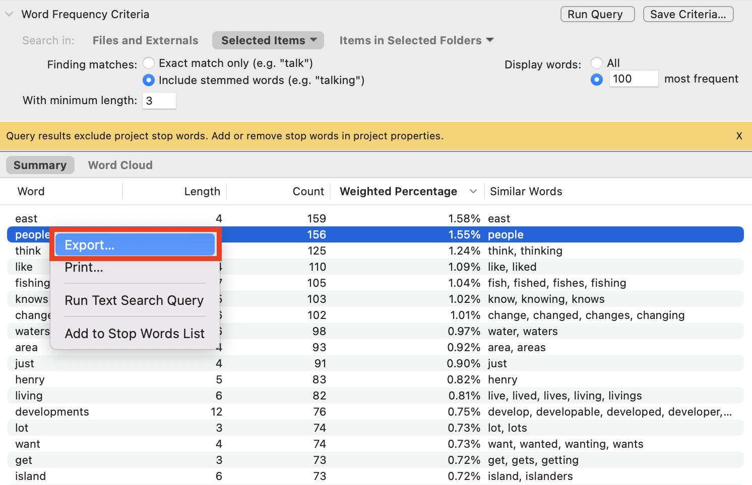 Context menu for the summary table with Export... outlined in red.