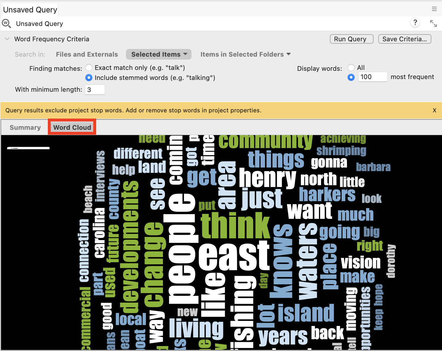 In the query results the Word Cloud tab is selected.