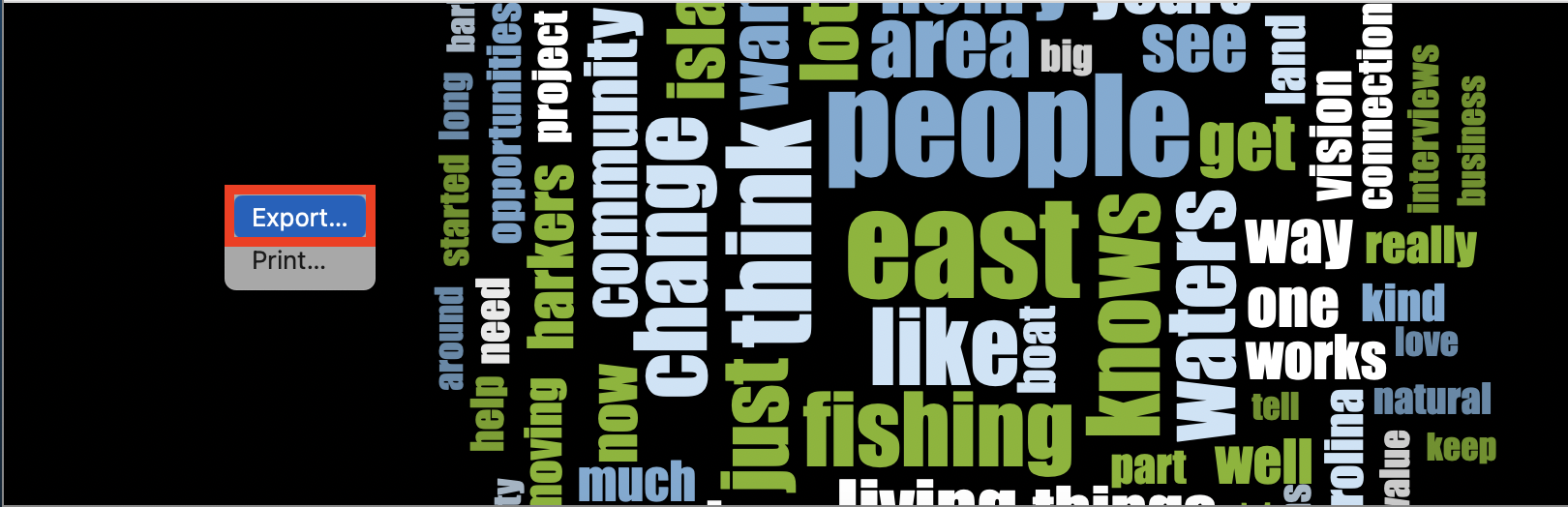 Context menu on the word cloud with Export... outlined in red.