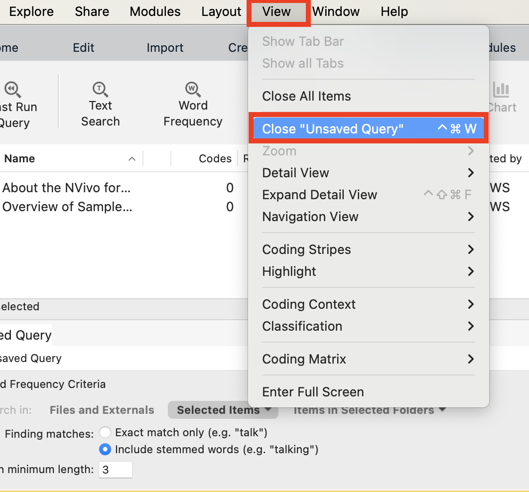 View menu with Close "Unsaved Query" highlighted. 