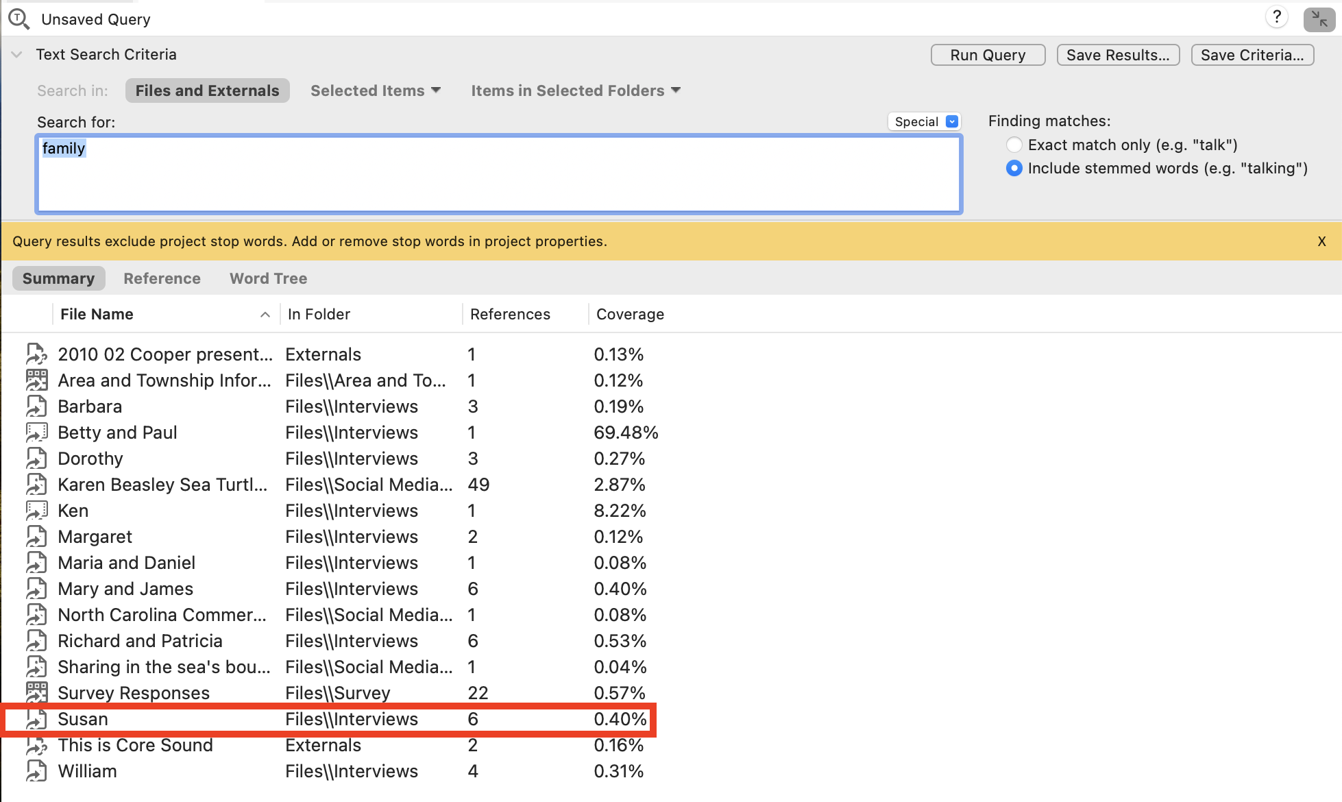 In the Text Search Query window, a red box outlines the Susan file in the summary table.