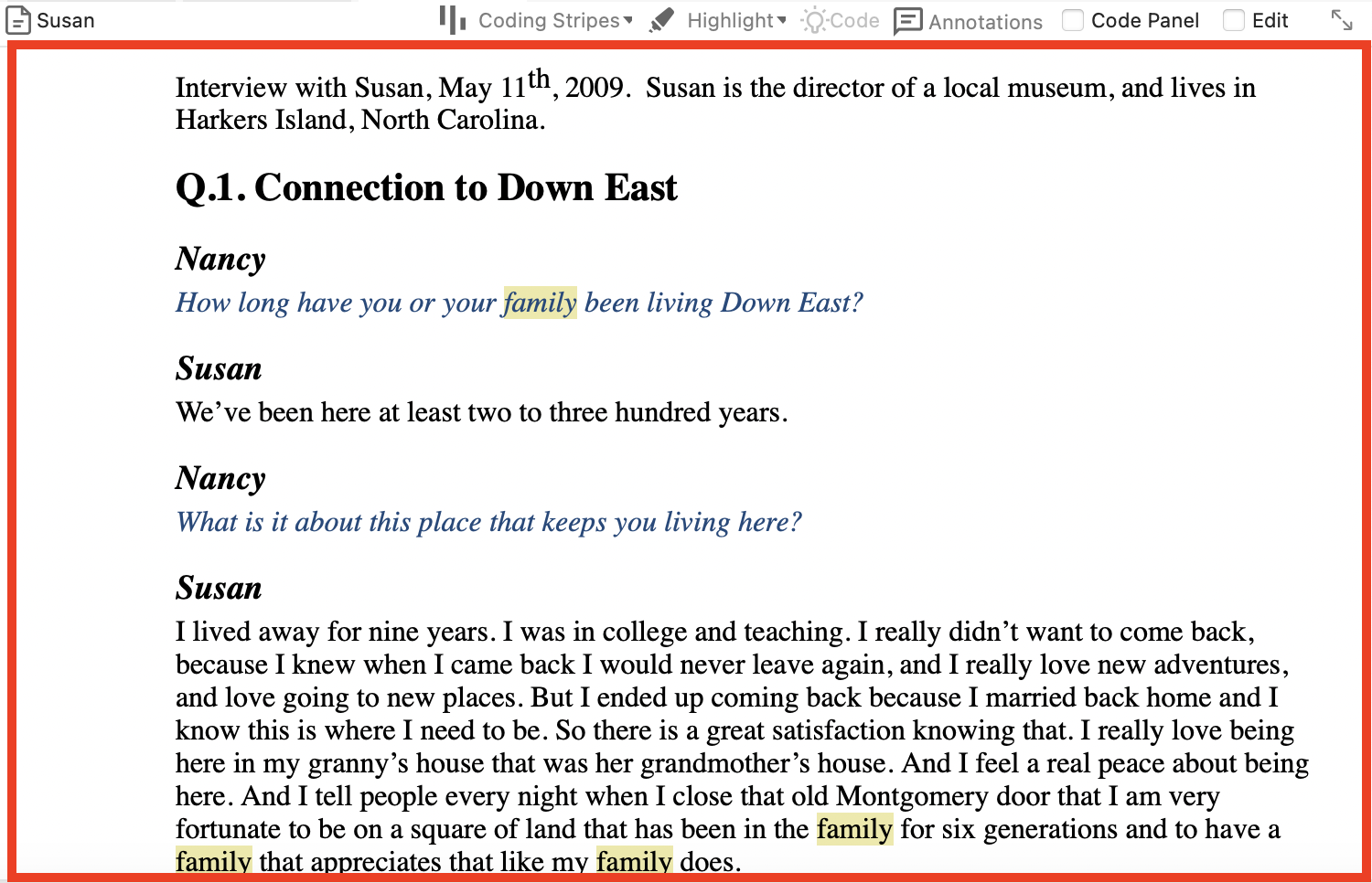 Red box around the open Susan file. All mentions of family a highlighted in yellow.