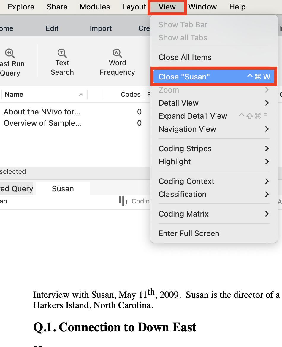 View menu with Close "Susan" highlighted. 