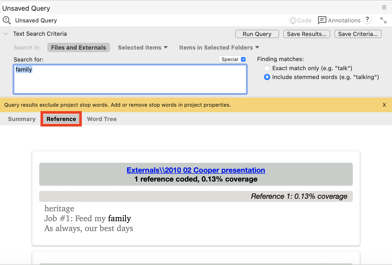 Text Search Query window results with a red box around the References tab.