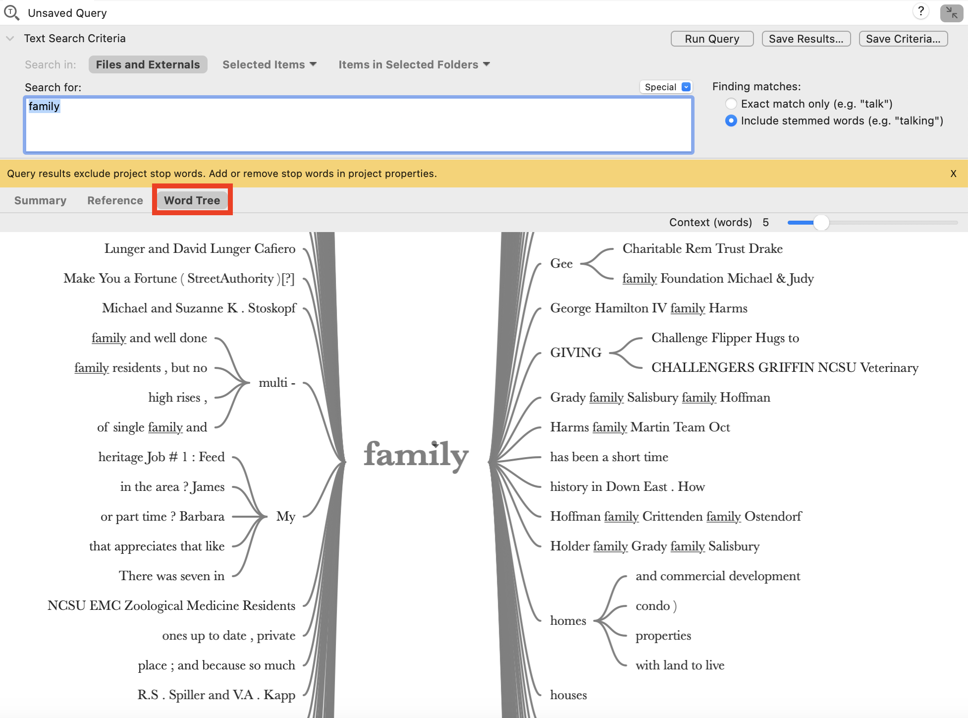 Text Search Query window results with a red box around the Word Tree tab.