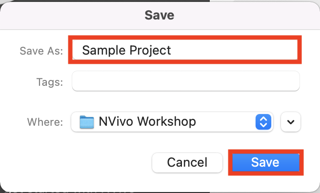 Save window with Sample Project written in the Save As field. Save highlighted.