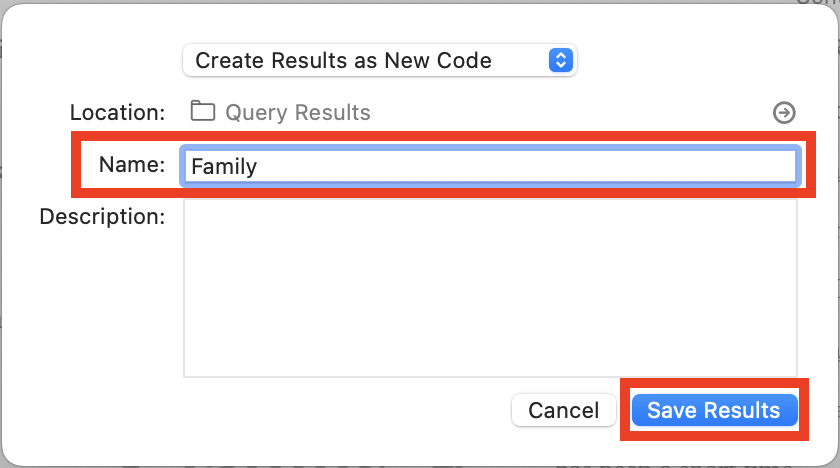 Save Query Results window, with a red box around the Name field and Save Results.