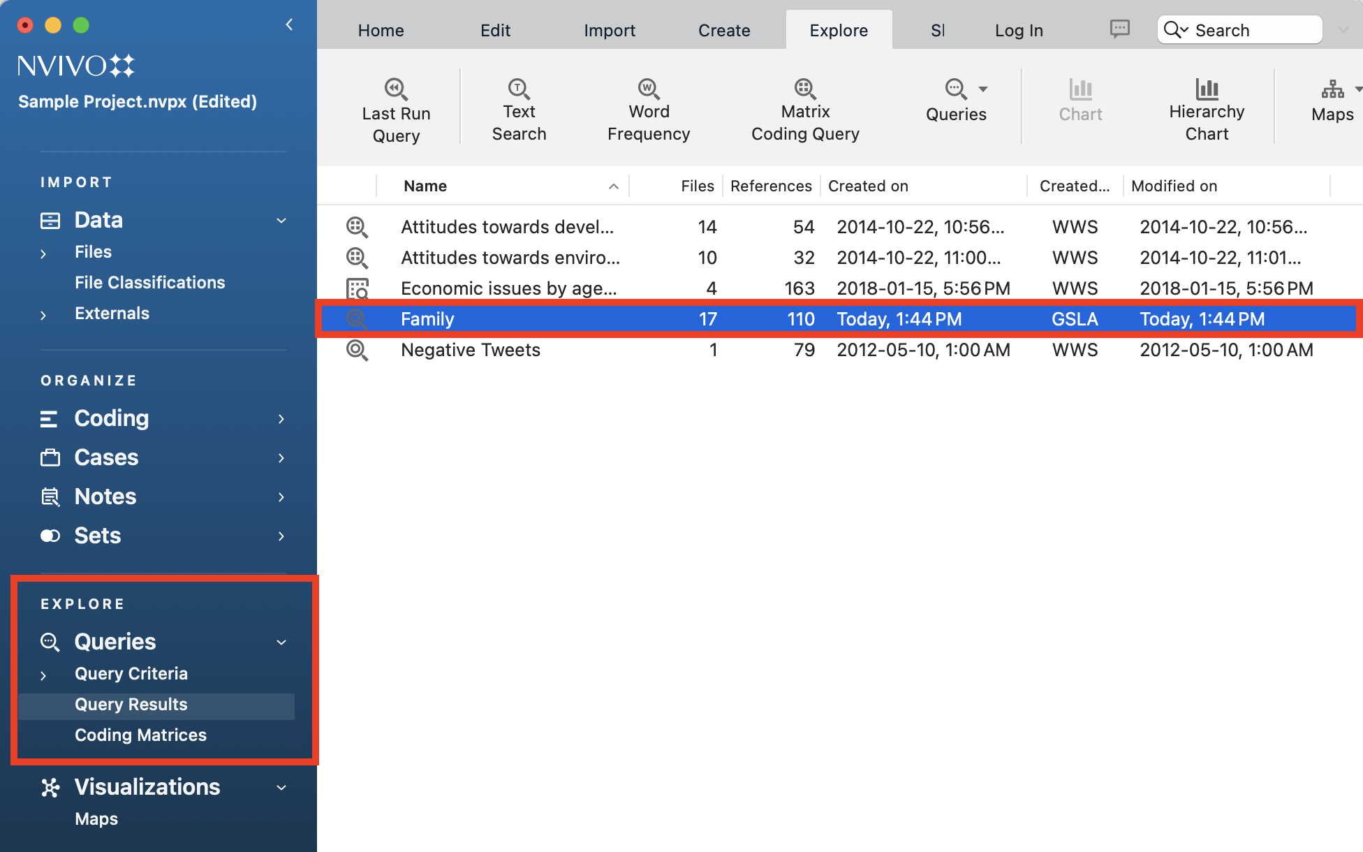 In the left menu, red box around Search and Query Results. In Query Results list, Family is outlined in Red.