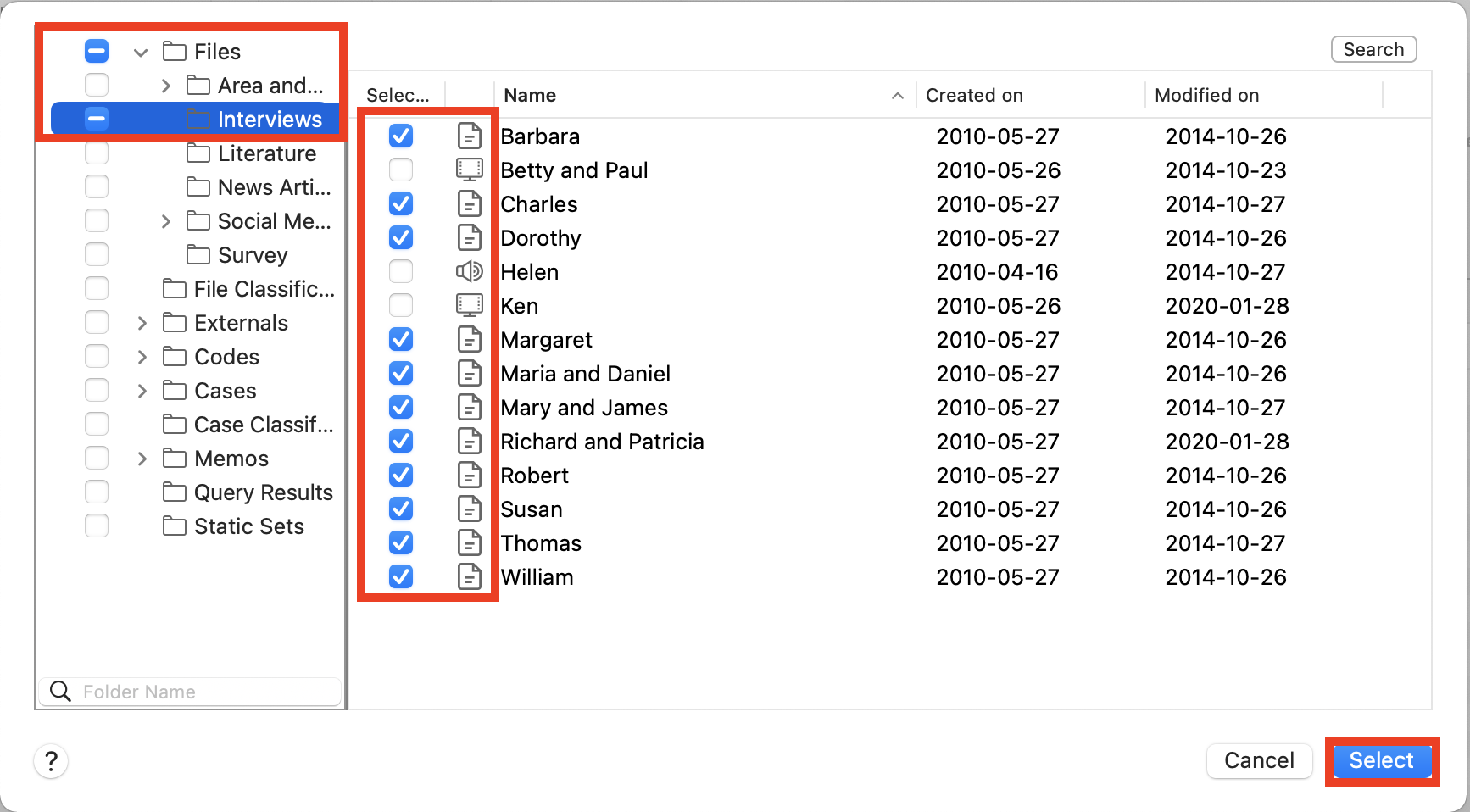 Expanded Files folder tree with the interviews folder opened and with only the documents selected. Red box around Select.