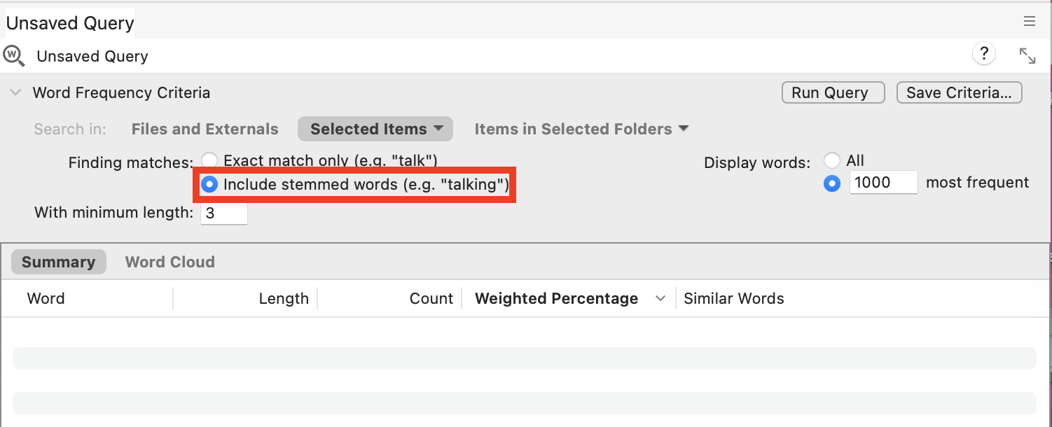 In the Unsaved Query window, include stemmed words selected.
