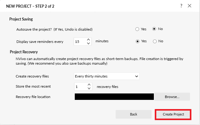 Project save window. Box checked for create project. 