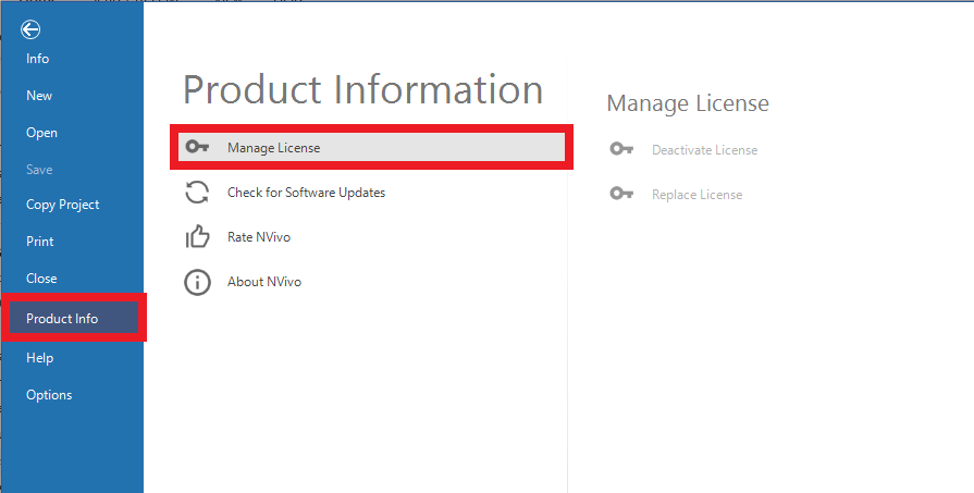 File menu screen with the product info tab and manage license outlined.