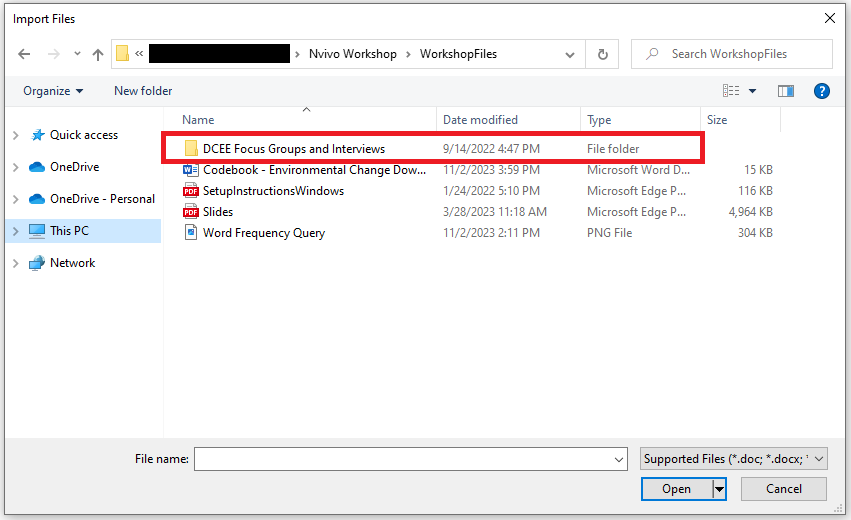 Import Files window at the workshop folder, with the DCEE Focus Groups and Interviews folder highlighted.